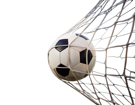 Soccer in the goal net isolated on white background, cut out  - Powered by Adobe