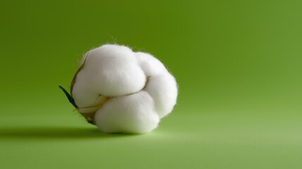 A close-up of a fluffy cotton ball resting on a vibrant green background.