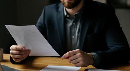 Focused businessman reading letter, looking at paper, holding envelope, close-up, news received or important information, freelancer working with correspondence, sitting at work desk.