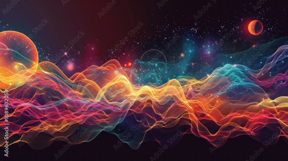 Poster abstract colorful waves with stars and planets in the background.
