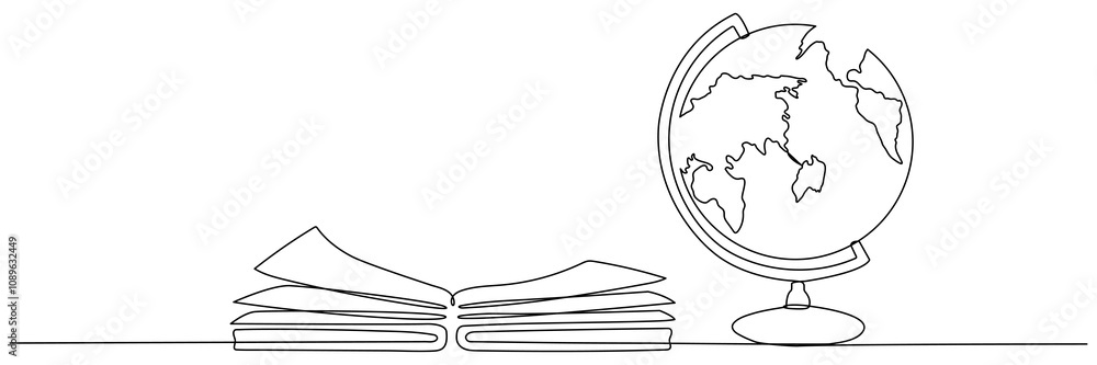 Poster open book and globe continuous line drawing. linear world map symbol. education concept. vector illu