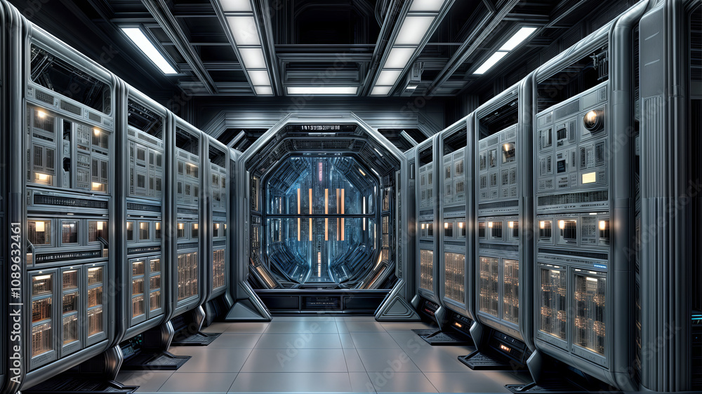 Poster a spacious server room features rows of servers and intricate paneling, illuminated by sleek overhea
