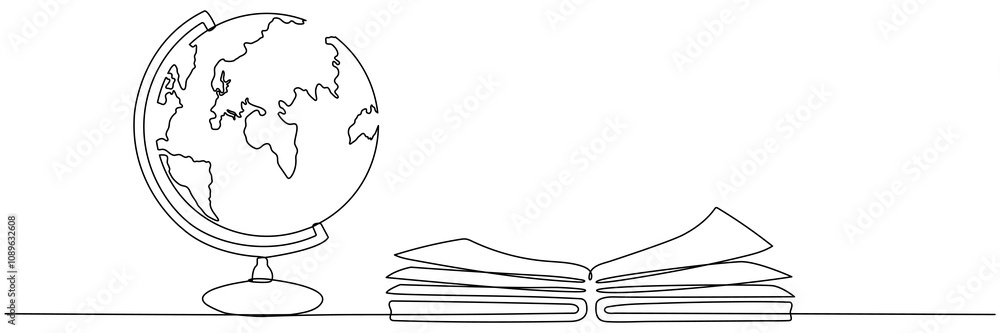 Poster open book and globe continuous line drawing. linear world map symbol. education concept. vector illu