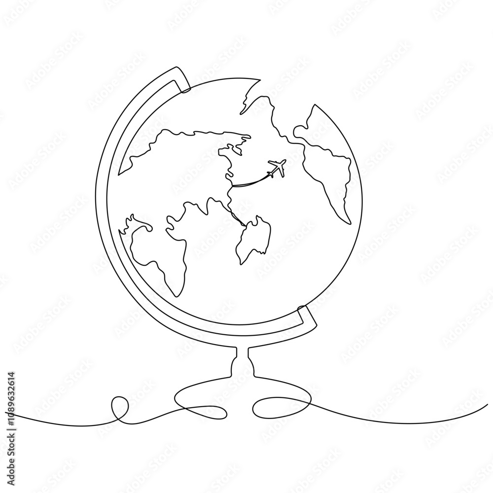 Aufkleber school globe with route path flying airplane continuous line drawing. world map hand drawn linear sy