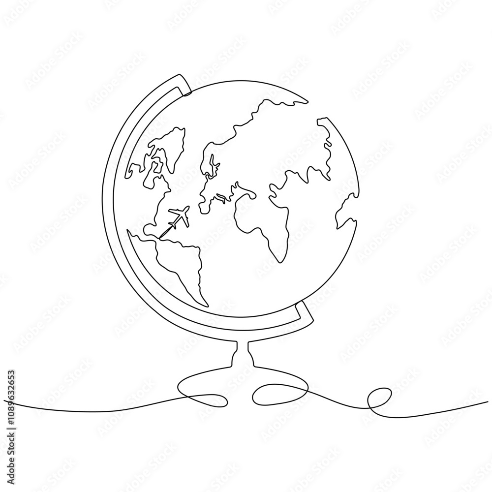 Poster school globe with route path flying airplane continuous line drawing. world map hand drawn linear sy
