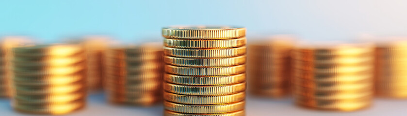 stack of golden coins with blurred background, symbolizing wealth and prosperity. shiny coins reflect light, creating appealing visual