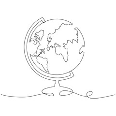 School globe with route path flying airplane continuous line drawing. World map hand drawn linear symbol. Travel concept. Vector illustration isolated on white.