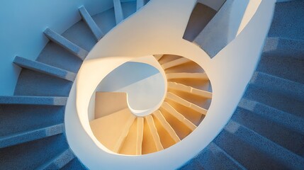 Fototapeta premium Sunlit spiral staircase, modern architecture, interior design.