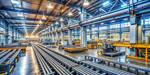 Obraz premium A large industrial facility features extensive machinery and organized workstations. Bright overhead lights illuminate the assembly areas, showcasing steel components ready for production