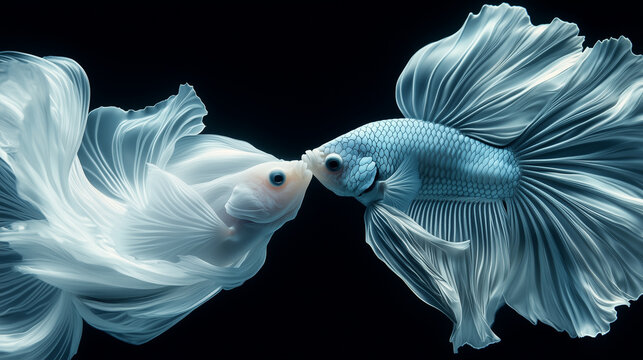 Two vibrant fish swimming gracefully underwater, surrounded by ethereal light and soft oceanic textures, creating a serene and enchanting marine scene