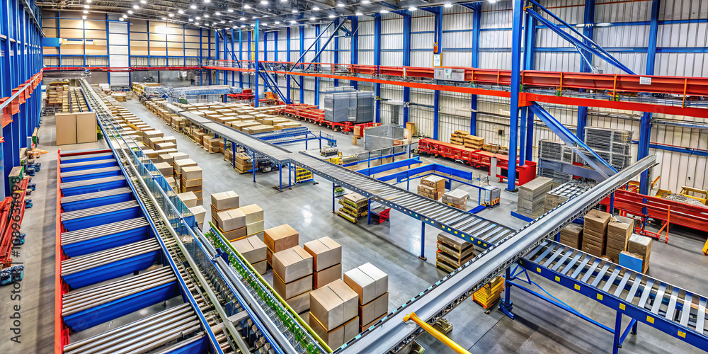 Poster a spacious distribution warehouse features advanced conveyor systems efficiently moving packages and