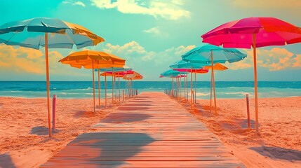 Fototapeta premium Colorful beach umbrellas line a wooden boardwalk leading to the ocean on a sunny day.