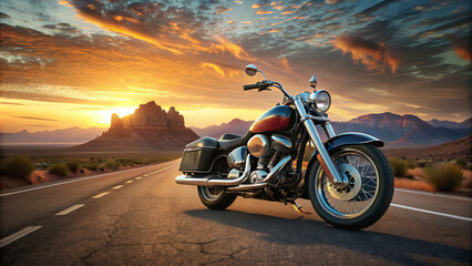 Fototapeta premium A classic motorcycle is parked on an empty road, set against a breathtaking sunset over desert mountains, showcasing vibrant colors in the sky and reflecting adventure