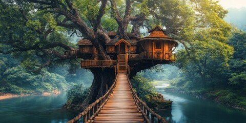 Fototapeta premium Massive abandoned treehouse with weathered wood textures and mystical appeal