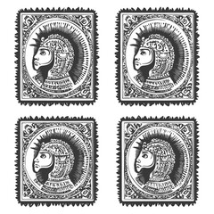 Obraz premium Four Stamp Like Images of a Profile of a Person in a Helmet with Ornamental Frames