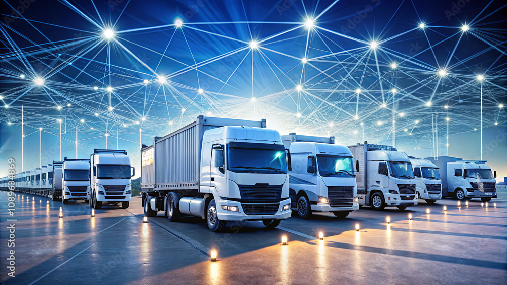 Poster multiple delivery trucks are parked in a well-lit logistics hub. bright lights and network connectio
