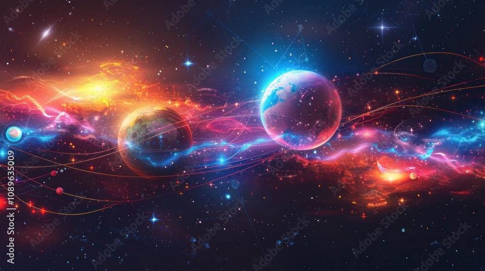 Aufkleber a vibrant abstract depiction of two planets in space with streaks of light and a nebula in the backg
