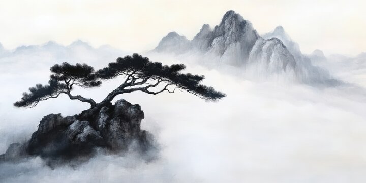 霧の中に佇む孤高の松と雄大な山々