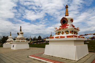 Three buddhist stupas on the territory of the hurul of Syakyusn-sume (Old Hurul). Elista, Republic...