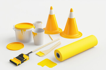 Painting Tools for Renovation: Roller, Paint Can, and Traffic Cones with Yellow Paint.