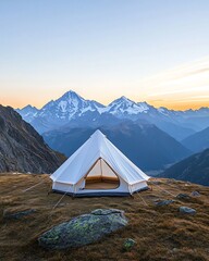 Serene mountain view at sunrise with a tent on rocky terrain, perfect for camping and adventure enthusiasts.