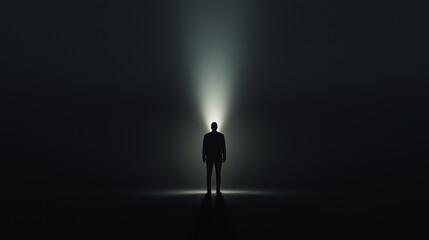 Fototapeta premium A lone figure standing in the darkness illuminated by a dramatic spotlight, creating a moody and mysterious atmosphere.