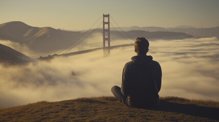 Silhouette of a person meditating on a hill overlooking the Golden Gate Bridge shrouded in fog.