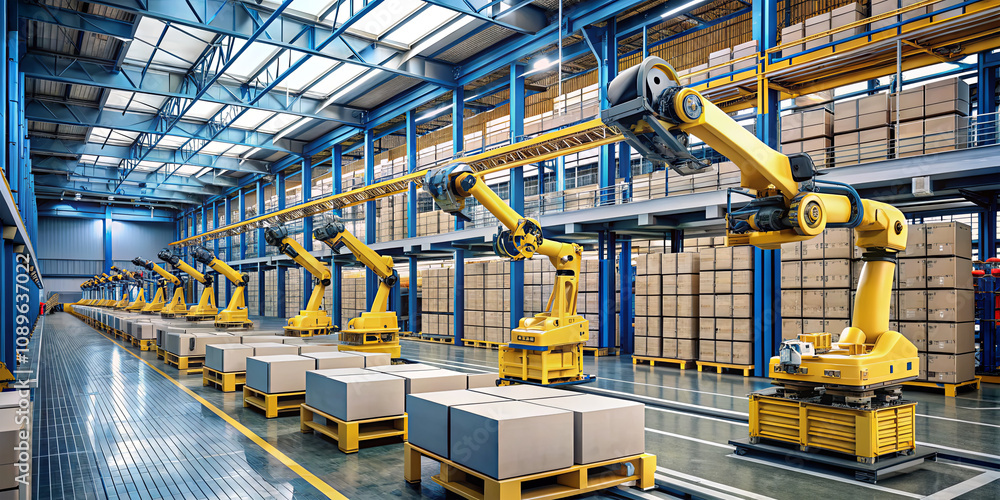 Aufkleber robotic arms efficiently move and sort packages on a production line in a large, well-lit warehouse.