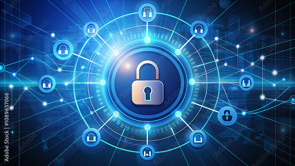Aufkleber a network illustration showcasing a central padlock symbol surrounded by connected data points, repr