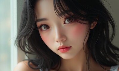 Fototapeta premium a beautiful Asian girl with black hairs and brown eyes base ai model