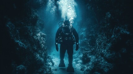 Underwater Diver Exploring the Mysterious Depths of a Coral Reef with Sunlight Filtering Through...