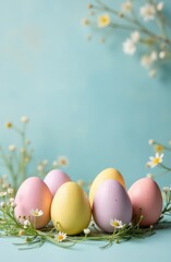Fototapeta premium aquarel colour eggs with free space, pastel colours. Easter concept. Vertical image