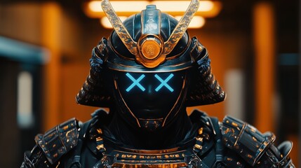 未来的な武士が武装した姿で街を見守る