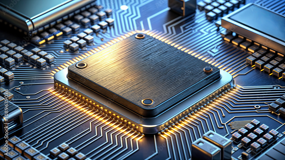 Poster a detailed look at a microprocessor mounted on a circuit board. the design features numerous transis