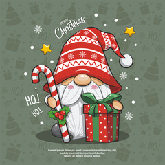 Cute Gnome Santa Claus With Give Box On Green Background. Cartoon Illustration
