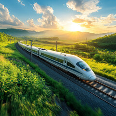 Fototapeta premium High-speed train travels through lush green mountains at sunset