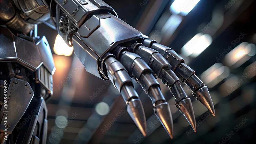 Poster a close-up view reveals the finely designed metallic hand of a robot, featuring articulated joints a