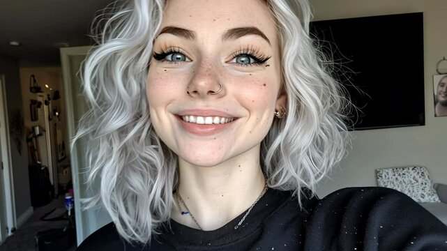 Young woman with silver hair smiles indoors