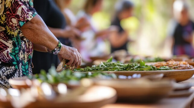 Participants prepare sustainable native foods in a lively outdoor gathering