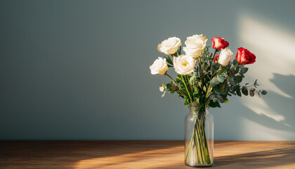 Fototapeta premium beautiful bouquet of white and red roses in glass vase on wooden table, creating serene atmosphere. valentine
