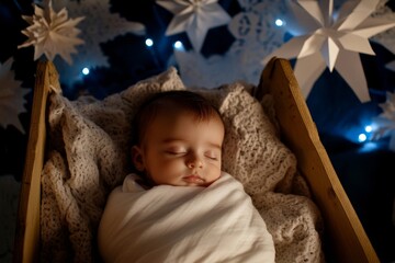 Peaceful Sleeping Baby Wrapped in Cozy Blanket Surrounded by Starry Lights and Origami Snowflakes