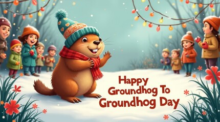 Fototapeta premium illustration of a groundhog surrounded by a festive scene on Groundhog Day, with people watching and colorful decorations