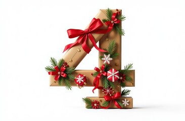 Intertwined christmas decorations number &ldquo;4&rdquo;, realist precision, high saturation, beautiful, inspiring, isolated, flat white background	