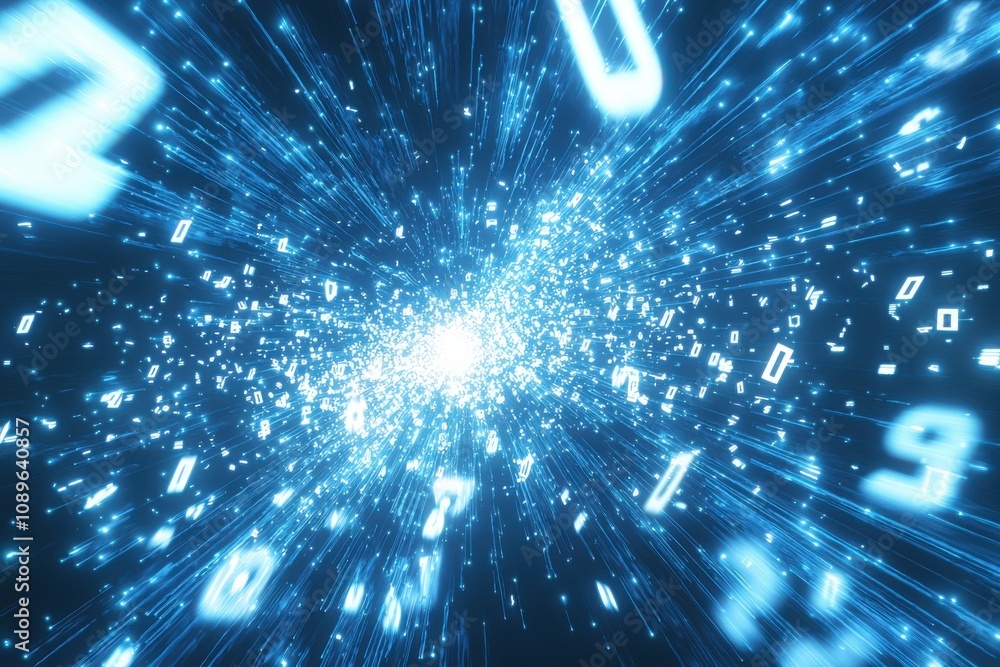 Poster abstract digital background with glowing blue numbers and light rays