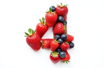 Obraz premium Intertwined fruits letter “4”, realist precision, high saturation, beautiful, inspiring, isolated, flat white background 