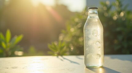clear isotonic drink in a transparent bottle with condensation, placed on a table outdoors. Mockup
