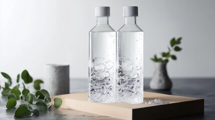 Twin bottles on wooden stand with leafy background