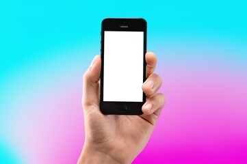 Hand showing modern smartphone with blank screen