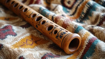 Fototapeta premium A wooden flute on vibrant ceremonial blankets showcases the artistry of Native American tradition