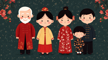 Celebrating Chinese New Year, joyful family of elders and kids in traditional attire, surrounded by floral decorations